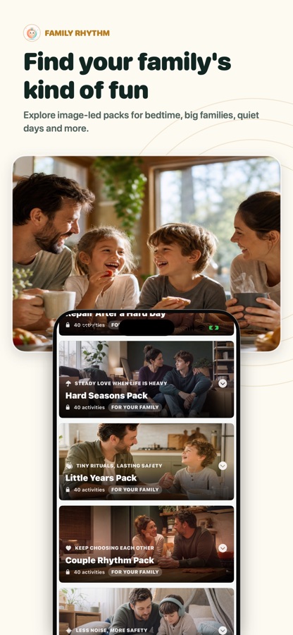 Family Rhythm activity library with image-led packs for different family seasons