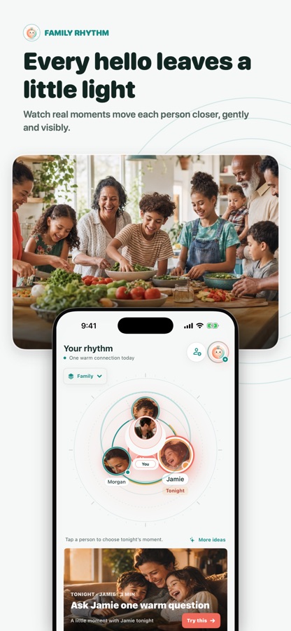 Family Rhythm Apple Watch companion showing today's warm step and quick moment logging