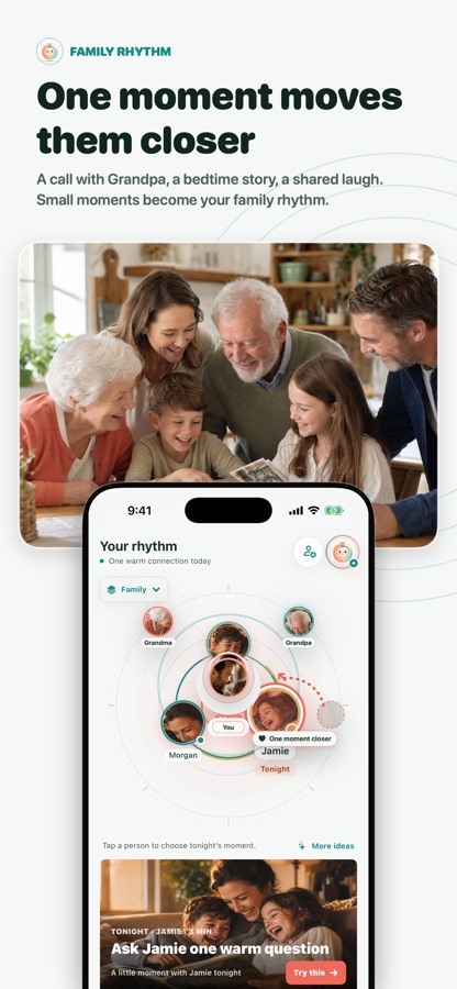 Family Rhythm connection rings showing a multigenerational family moving closer through shared moments