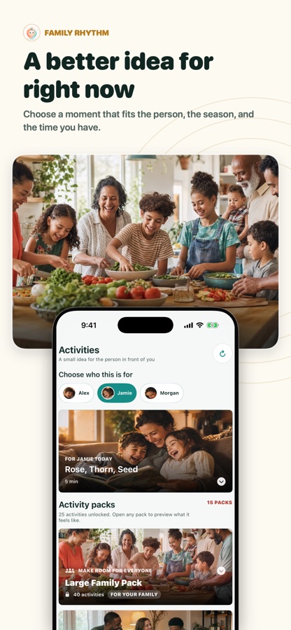 Family Rhythm quick moment screen with a suggested family activity