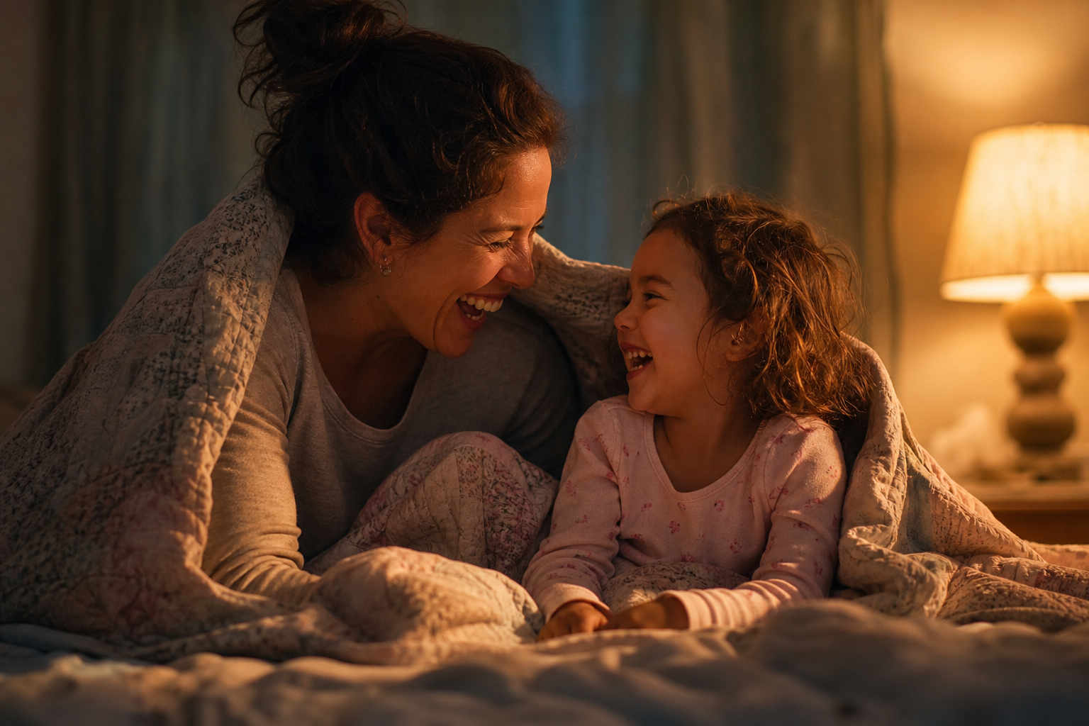 A parent and child laughing together at bedtime in warm lamp light